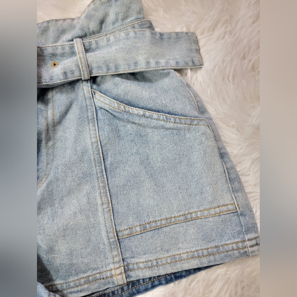 Le Lis 100% Cotton Paper Bag Belt  Light Blue High-Waisted Shorts Size 29 - Picture 4 of 13